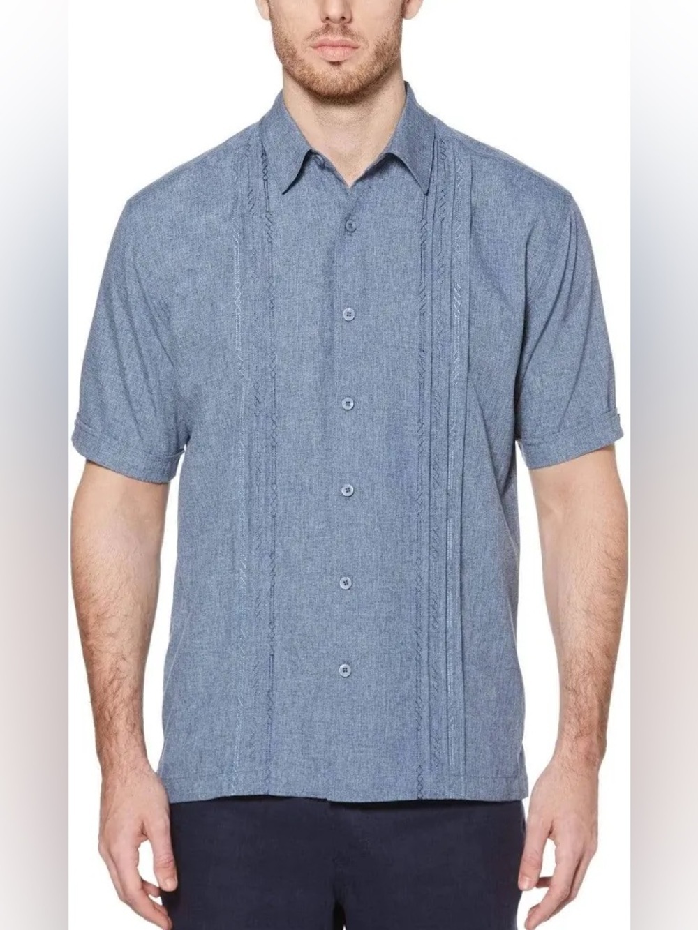 CubaVera BIG & TALL GEO EMBROIDERED PANEL CHAMBRAY SHIRT 3XLT